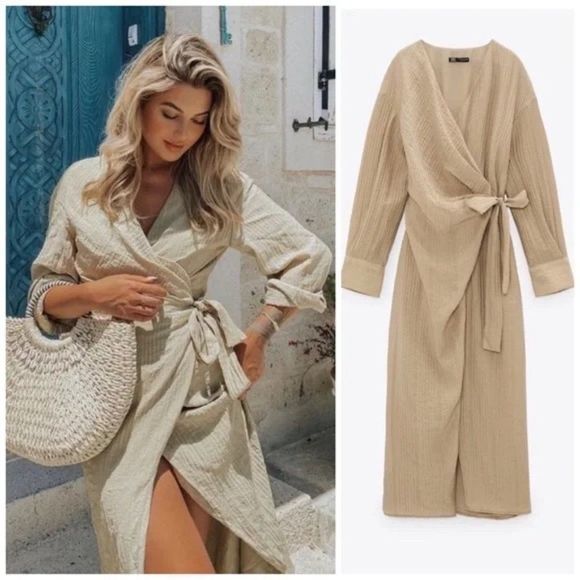 ZARA Dress Wrap Style Textured Midi Long Sleeve - Picture 12 of 12